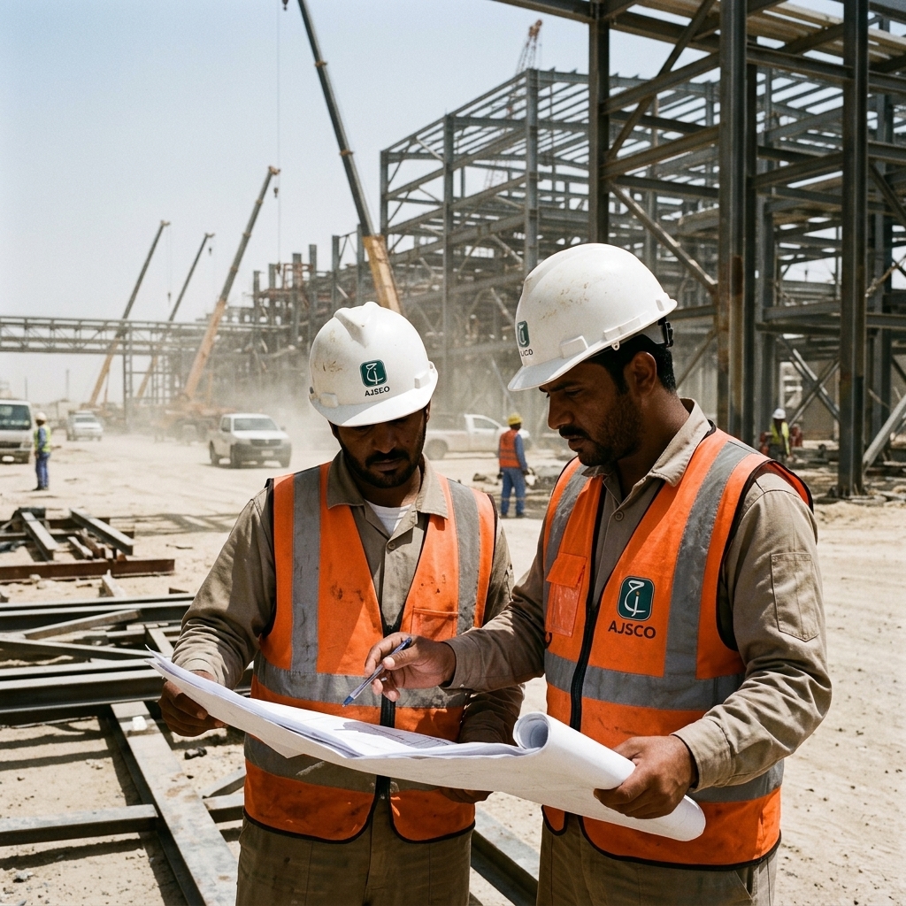 Al Jazeera Service Contracting Co. work front showing structural steel erection with a site crane