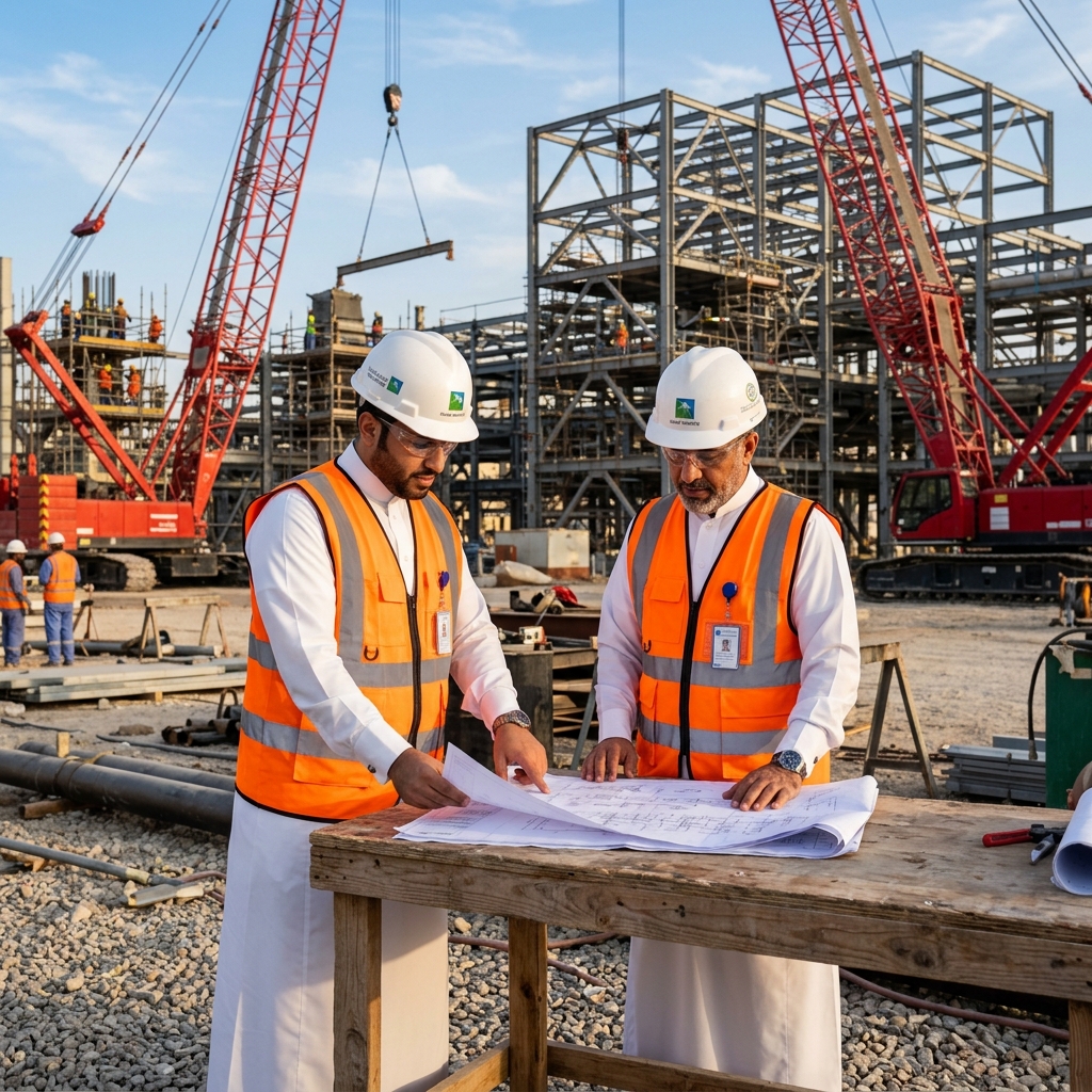 Al Jazeera Service Contracting Co. work front showing structural steel erection with a site crane